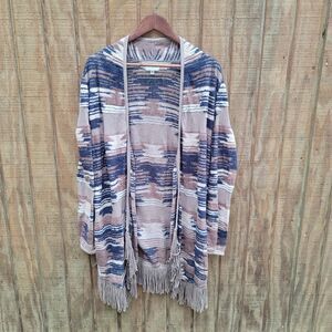 Lucky Brand Fringe Boho Aztec Print Lightweight Cardigan Womens Size M